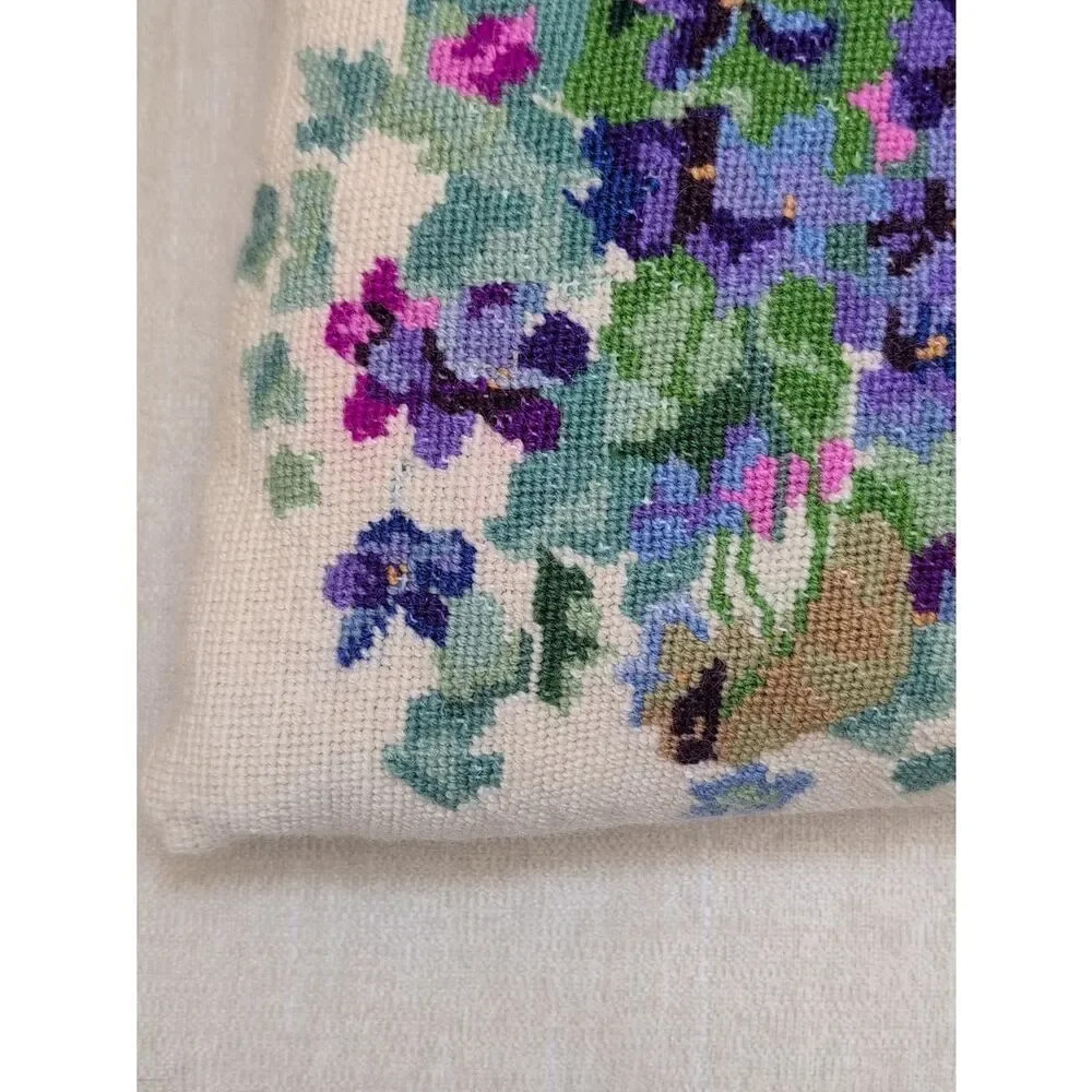 Vintage Floral Needlepoint Pillow - Purple, Pink & Green Violets